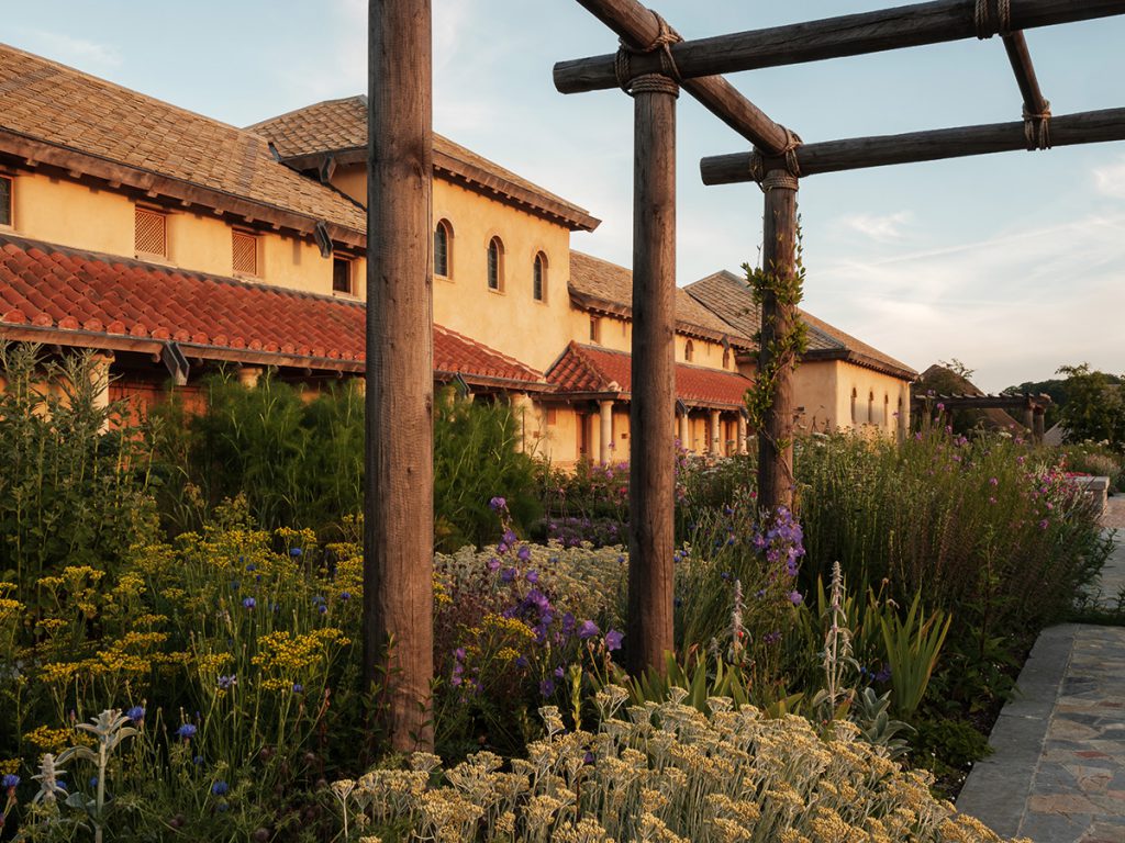 A view of the Roman Villa's gardens at Dusk