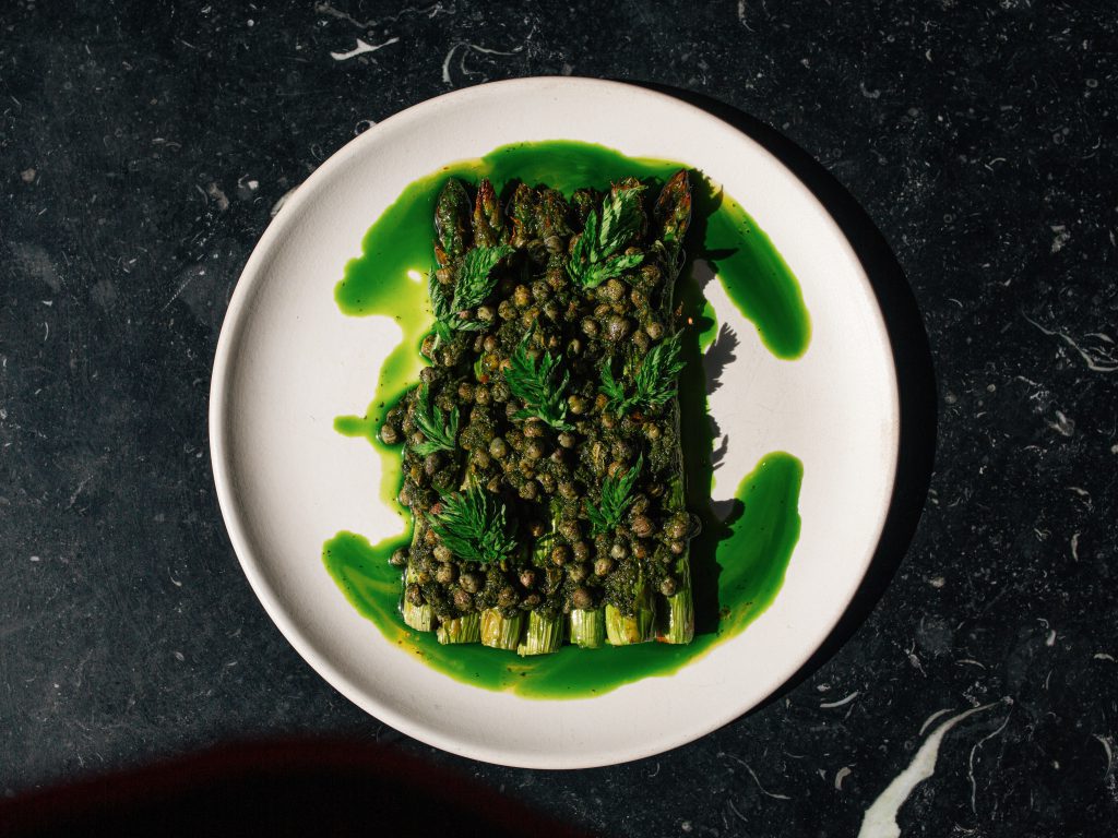 Asparagus, charred herbs, capers