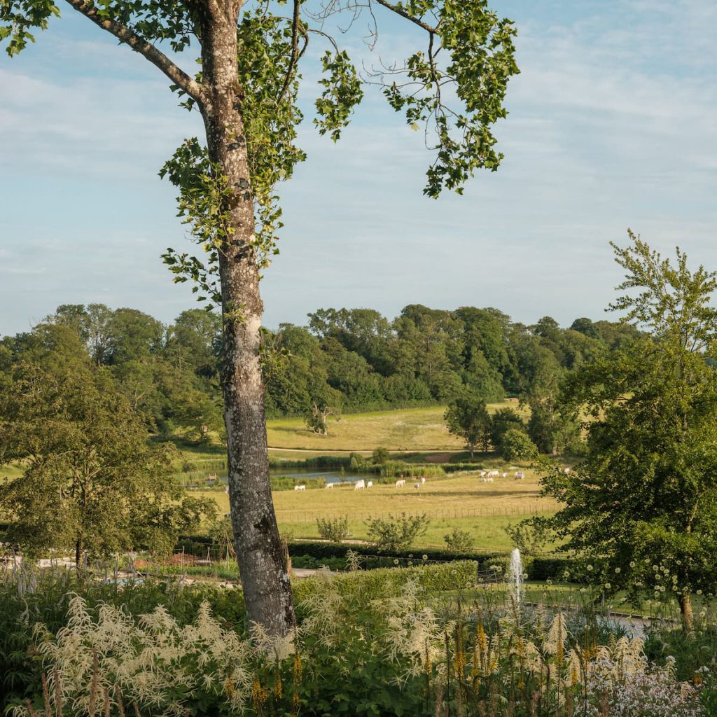 A view over the kitchen garden and pastures of the Newt in Somerset